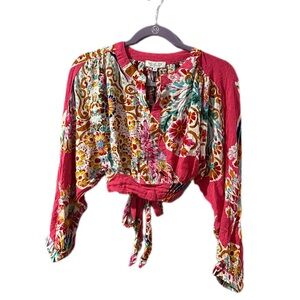 Rachel Zoe Boho Cropped Tie Back Hot Pink Blouse